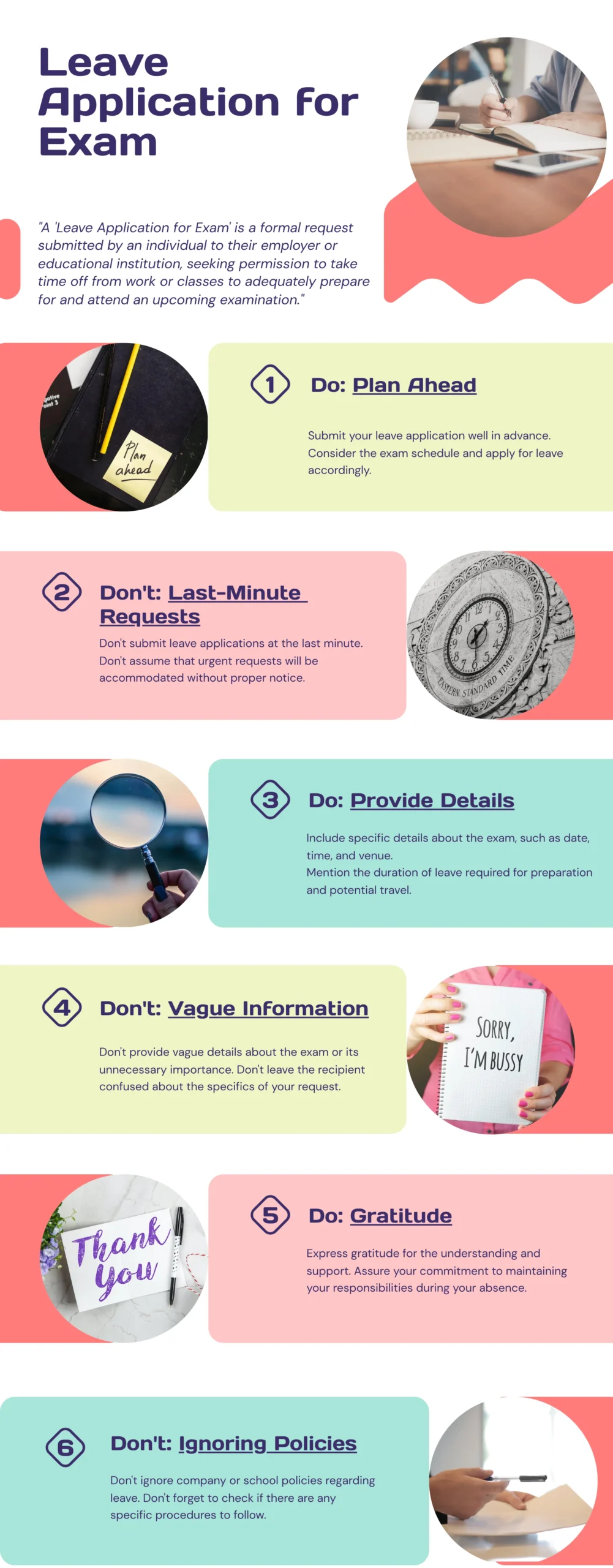 Dos and Don'ts while writing an Leave Application for Exam Infographic